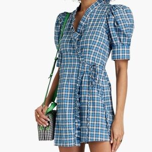 Ganni Blue Checkered Puff Sleeve Dress